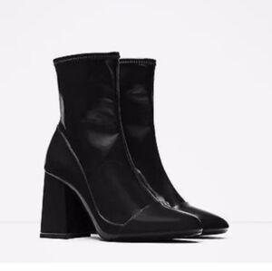 WOMEN'S ZARA BLACK PATENT LEATHER BOOTIES ANKLE BOOTS SZ 37 $85 BLOCK HEEL